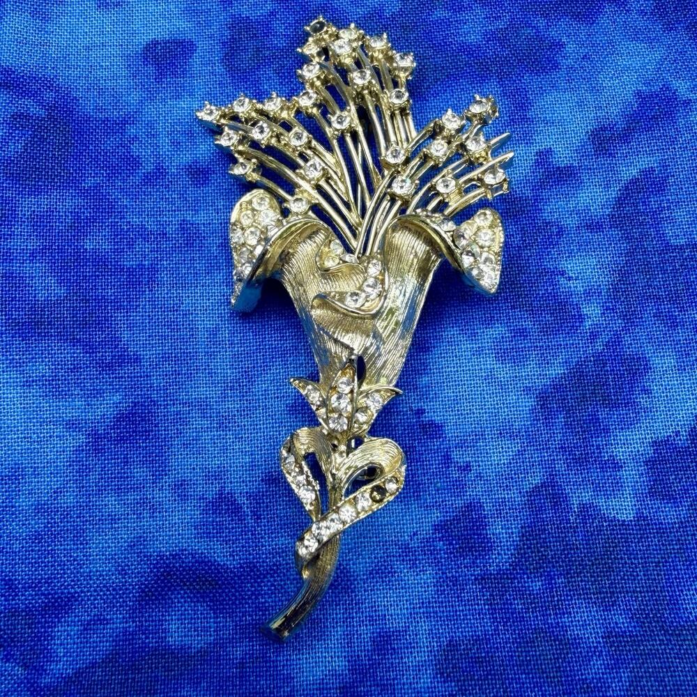 Vintage Floral Spray Brooch Gold Tone Rhinestone 3” Statement Pin Womens READ